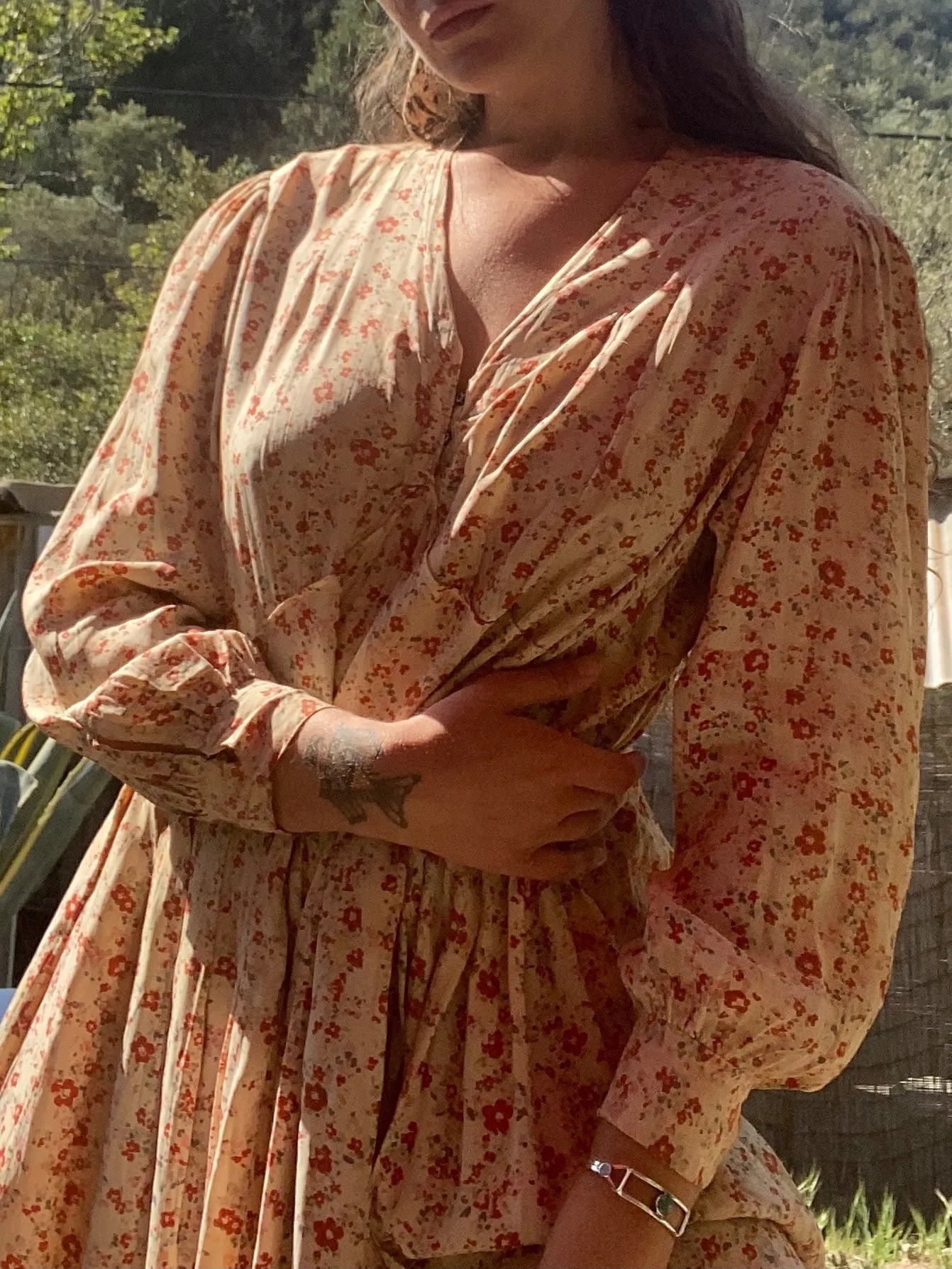 1920s Pale Peach Floral Rayon Midi Dress