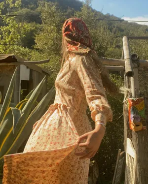 1920s Pale Peach Floral Rayon Midi Dress
