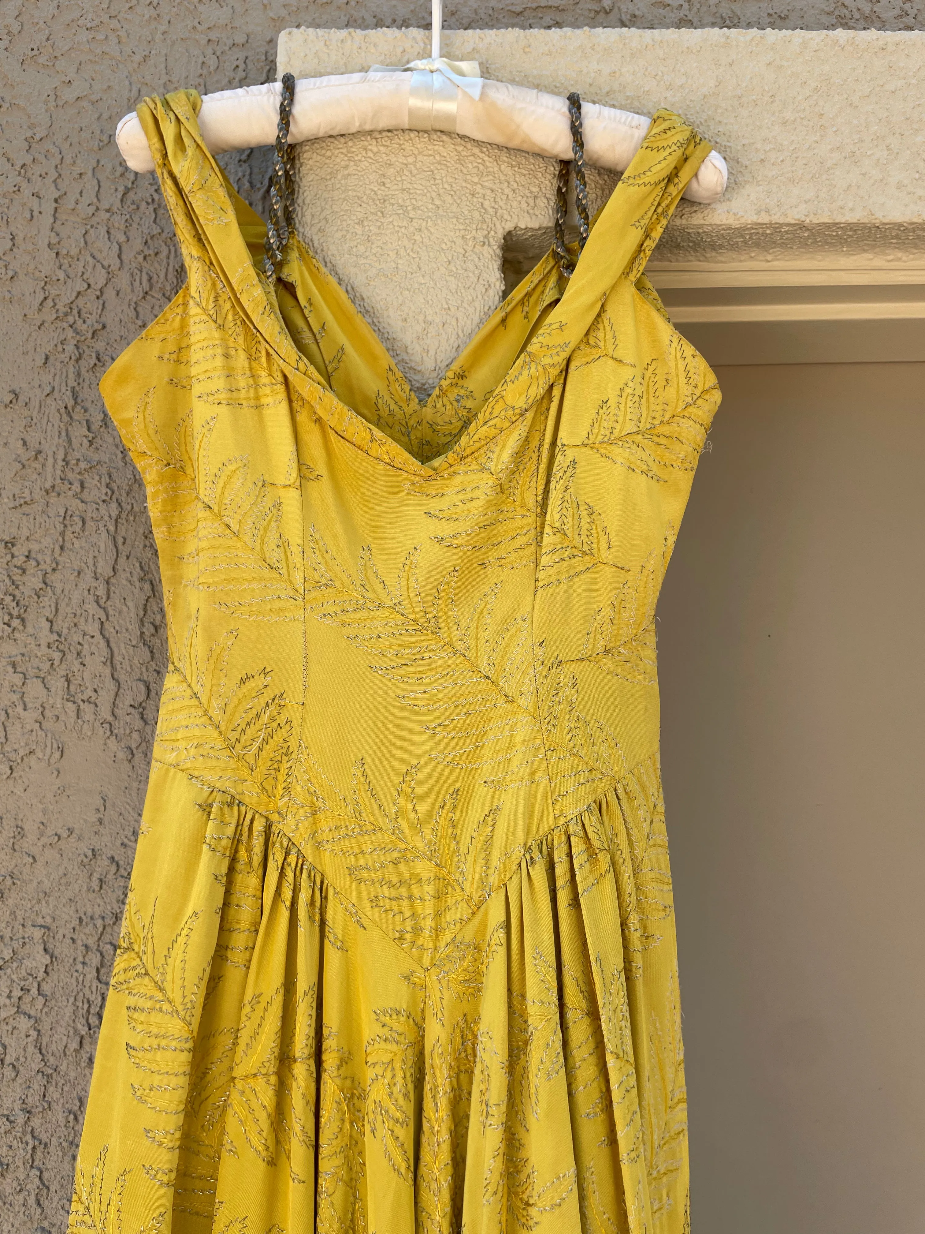 1940s Marigold Lamé Embroidered Leaf Gown