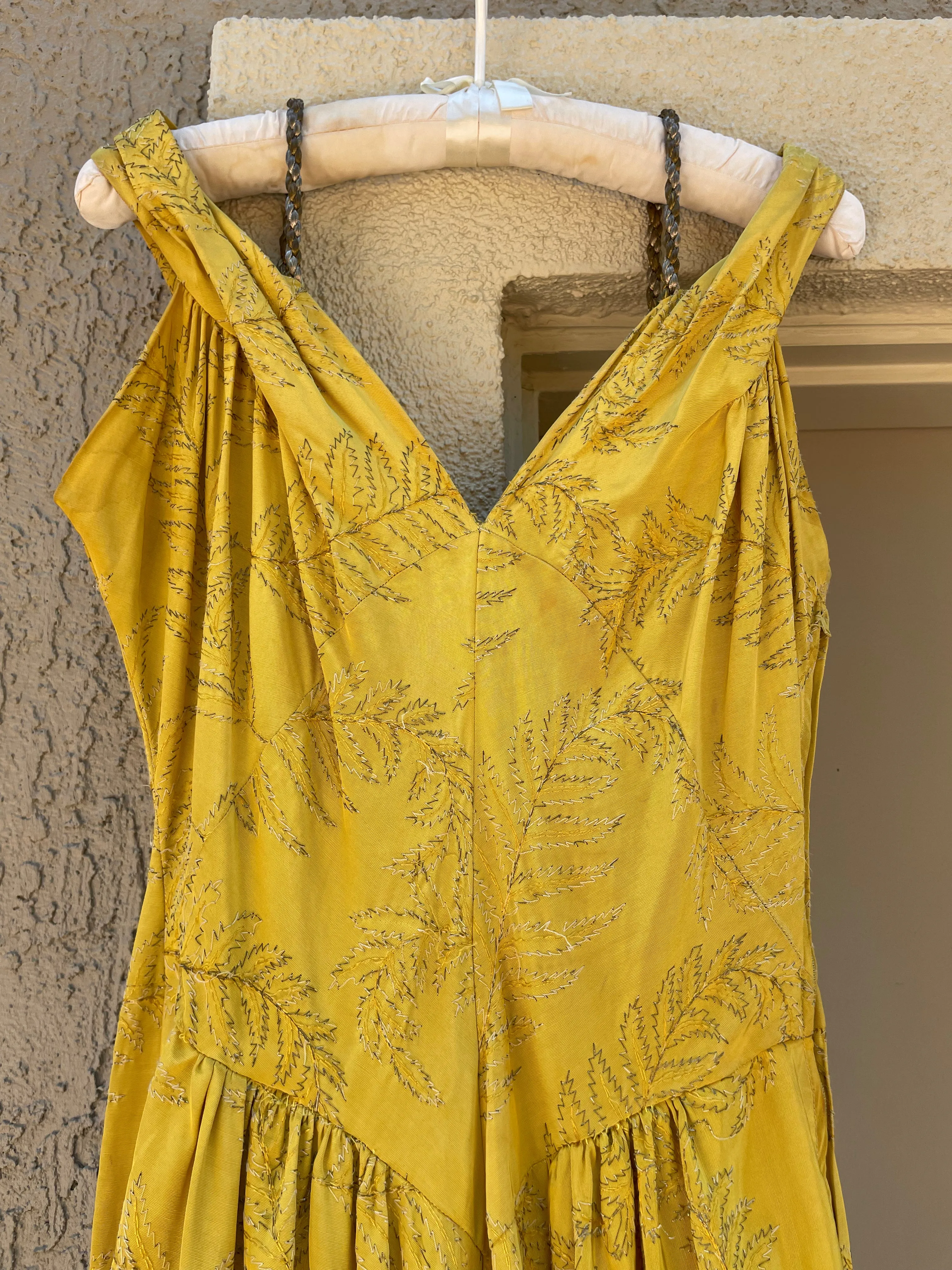 1940s Marigold Lamé Embroidered Leaf Gown