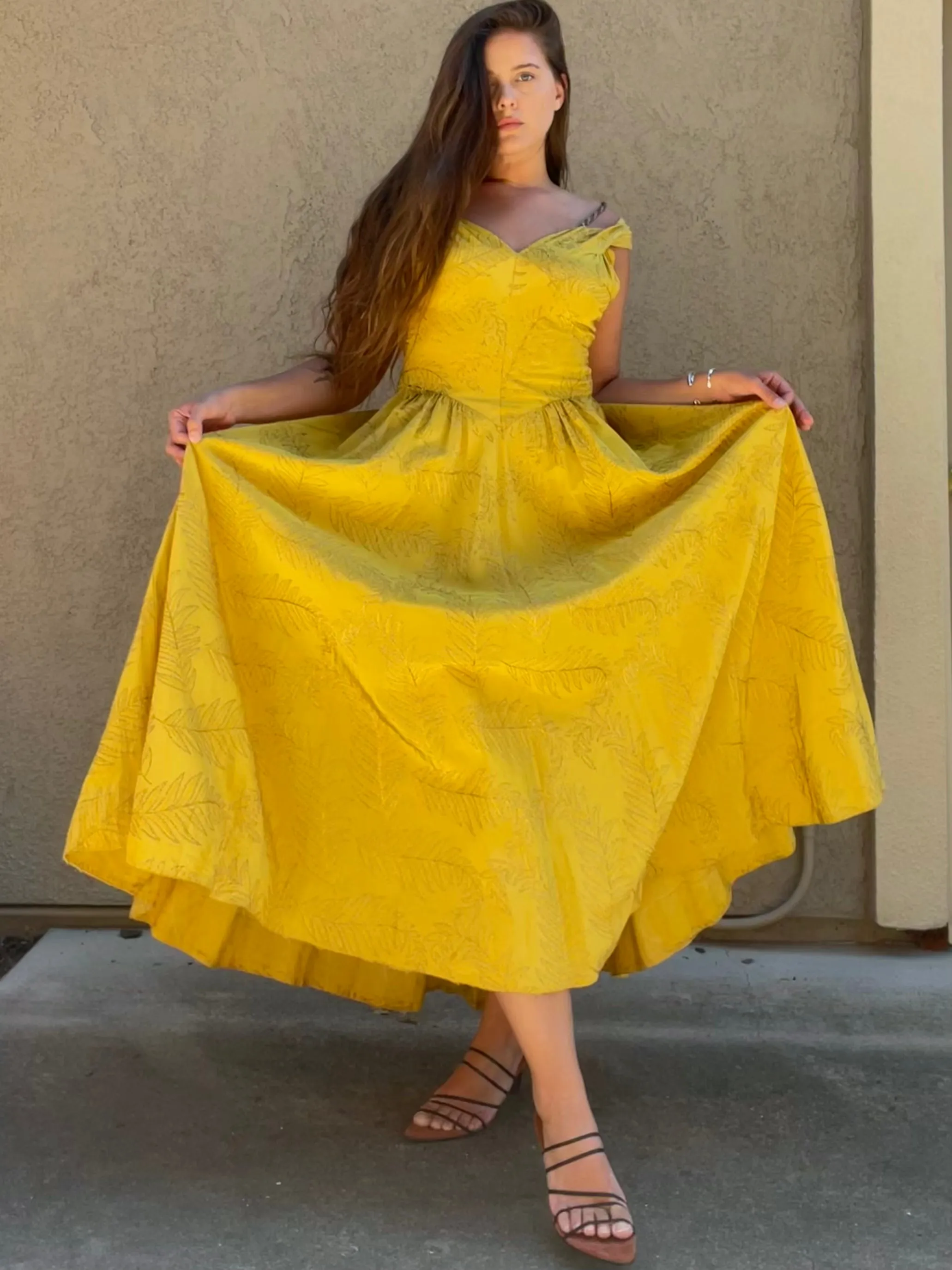 1940s Marigold Lamé Embroidered Leaf Gown