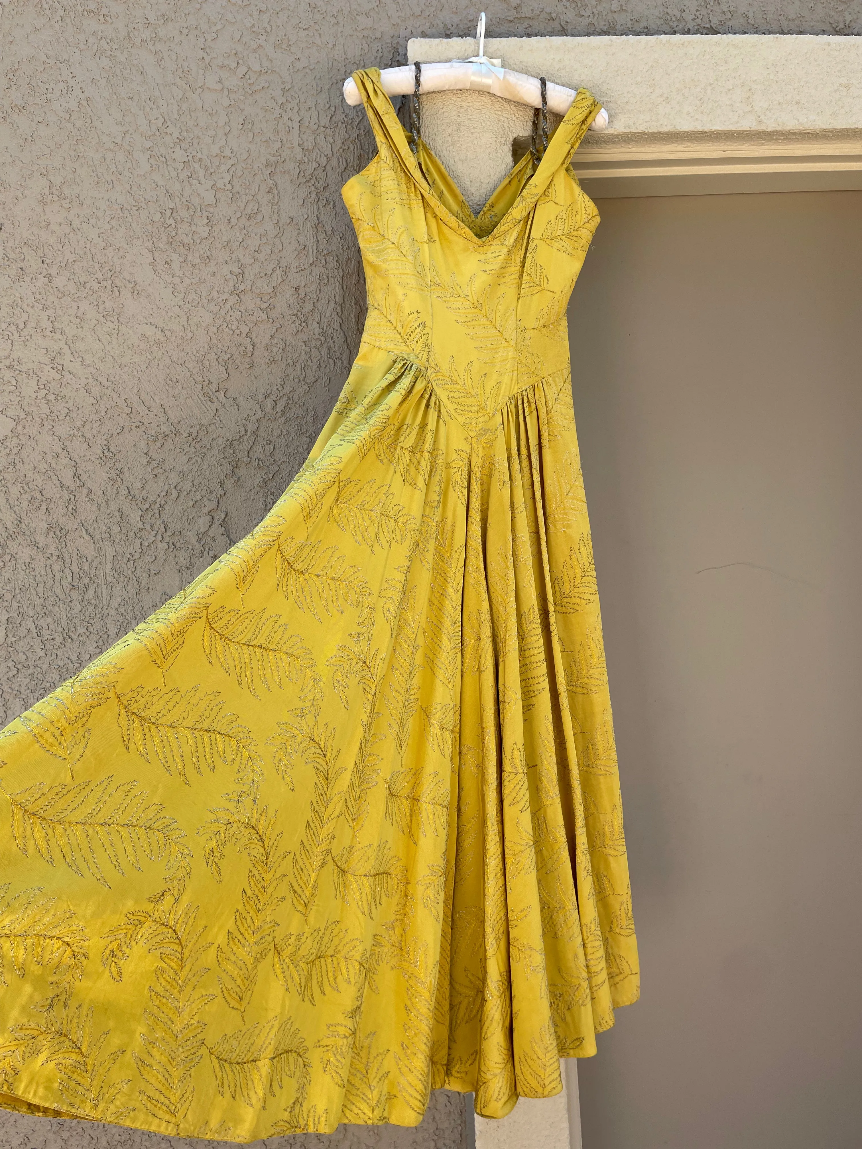 1940s Marigold Lamé Embroidered Leaf Gown