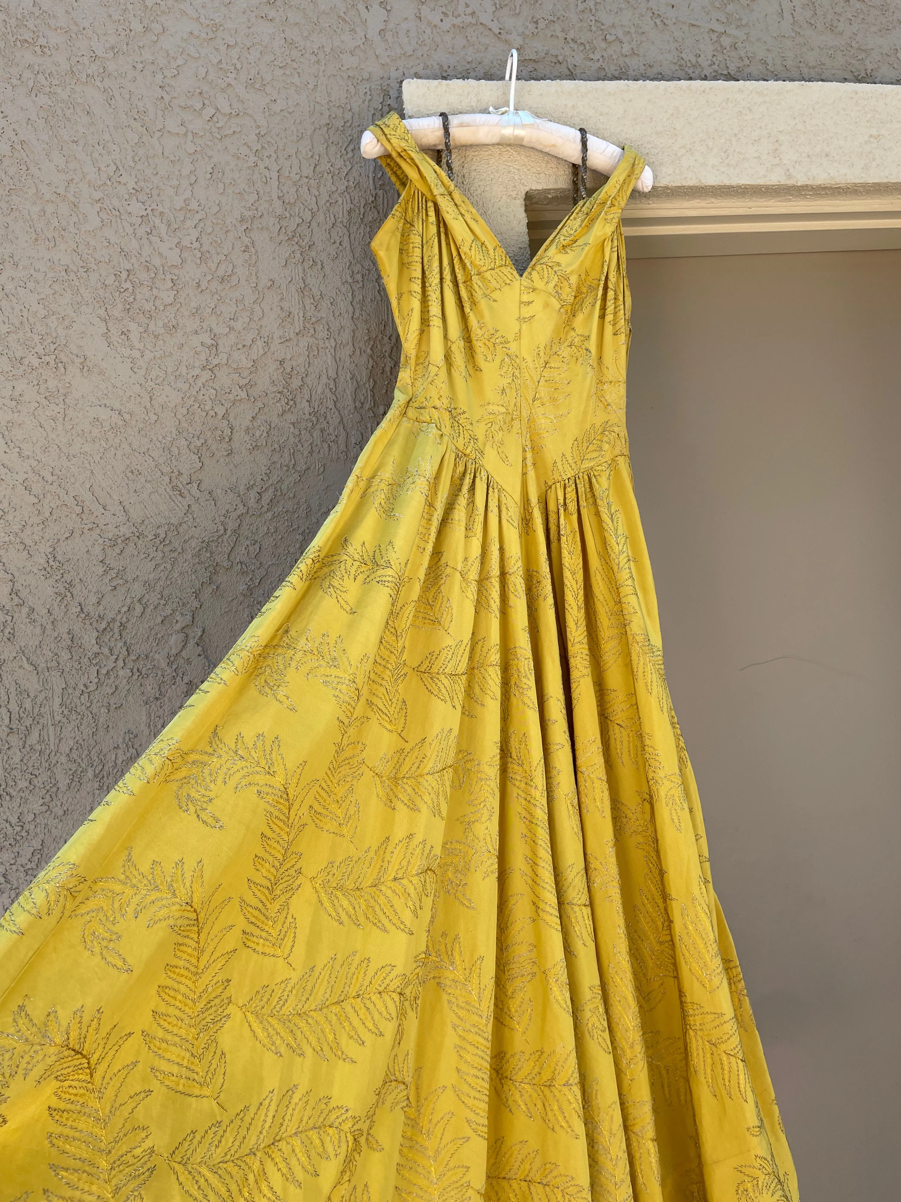 1940s Marigold Lamé Embroidered Leaf Gown