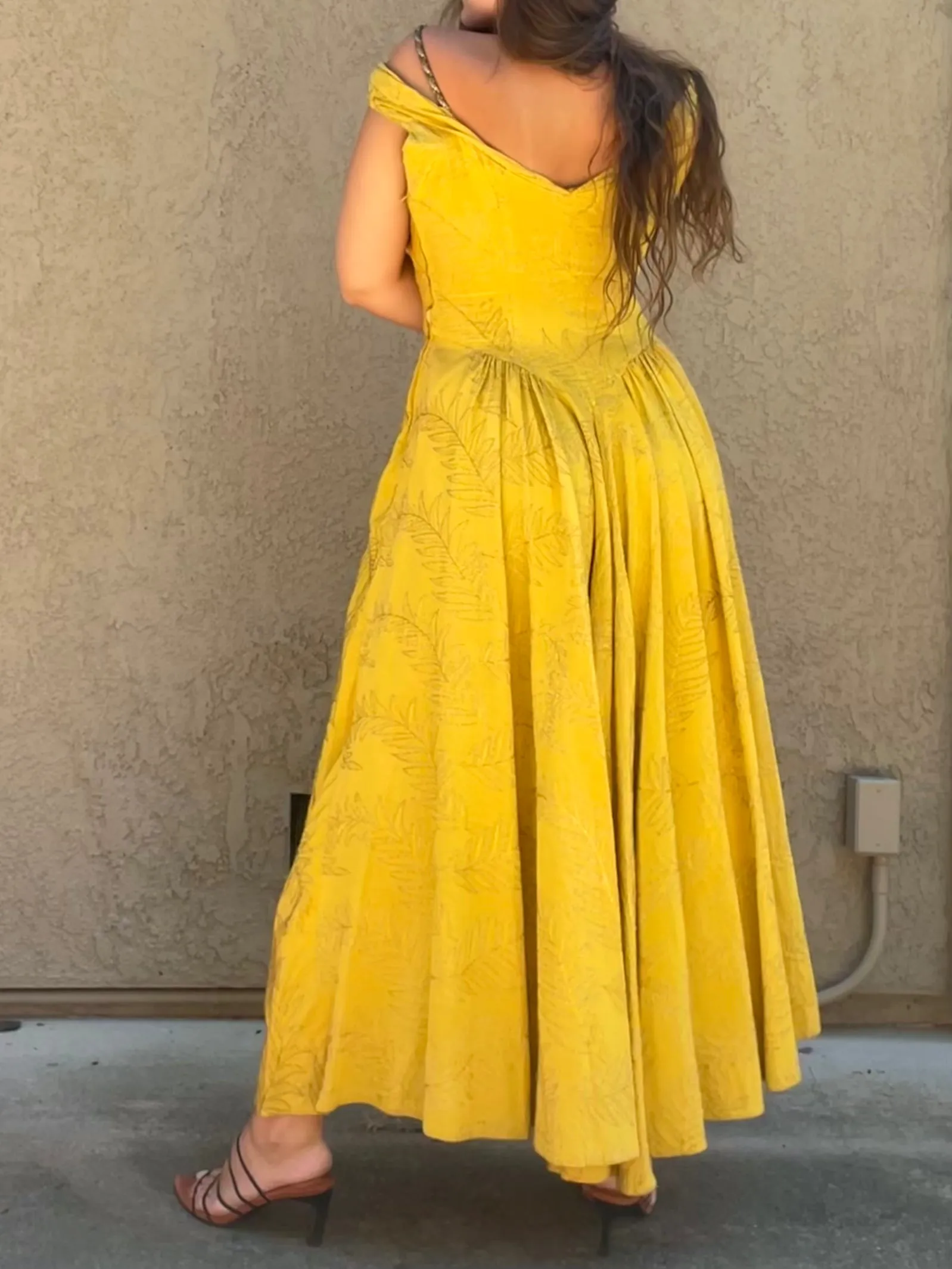 1940s Marigold Lamé Embroidered Leaf Gown