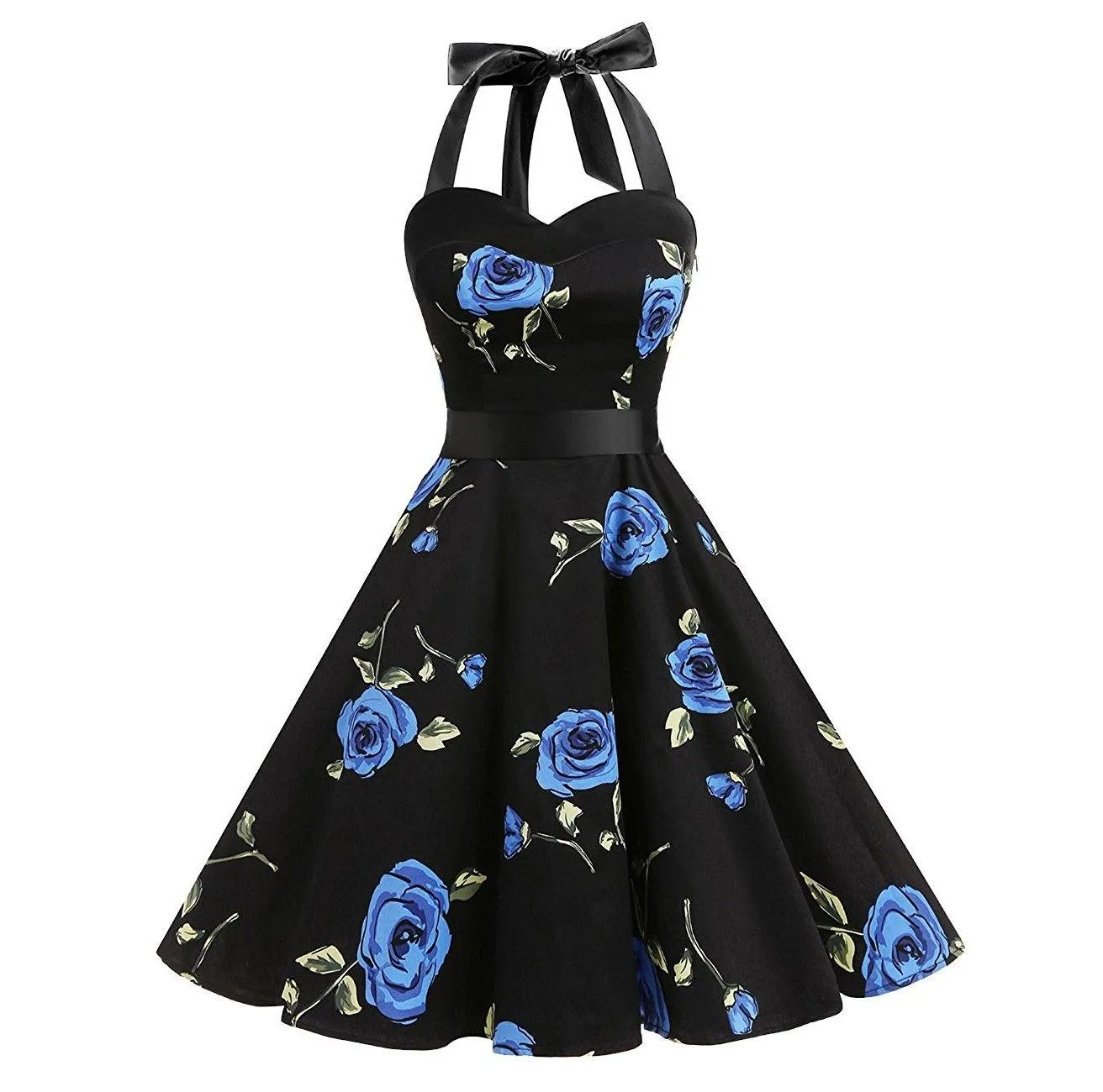 1950s Fashion Vintage Dresses Halter Neck Floral Print A-Line Black Swing Dress