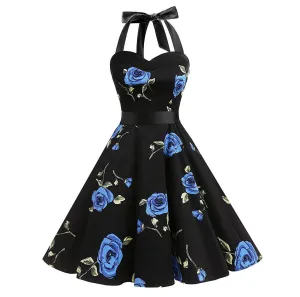 1950s Fashion Vintage Dresses Halter Neck Floral Print A-Line Black Swing Dress