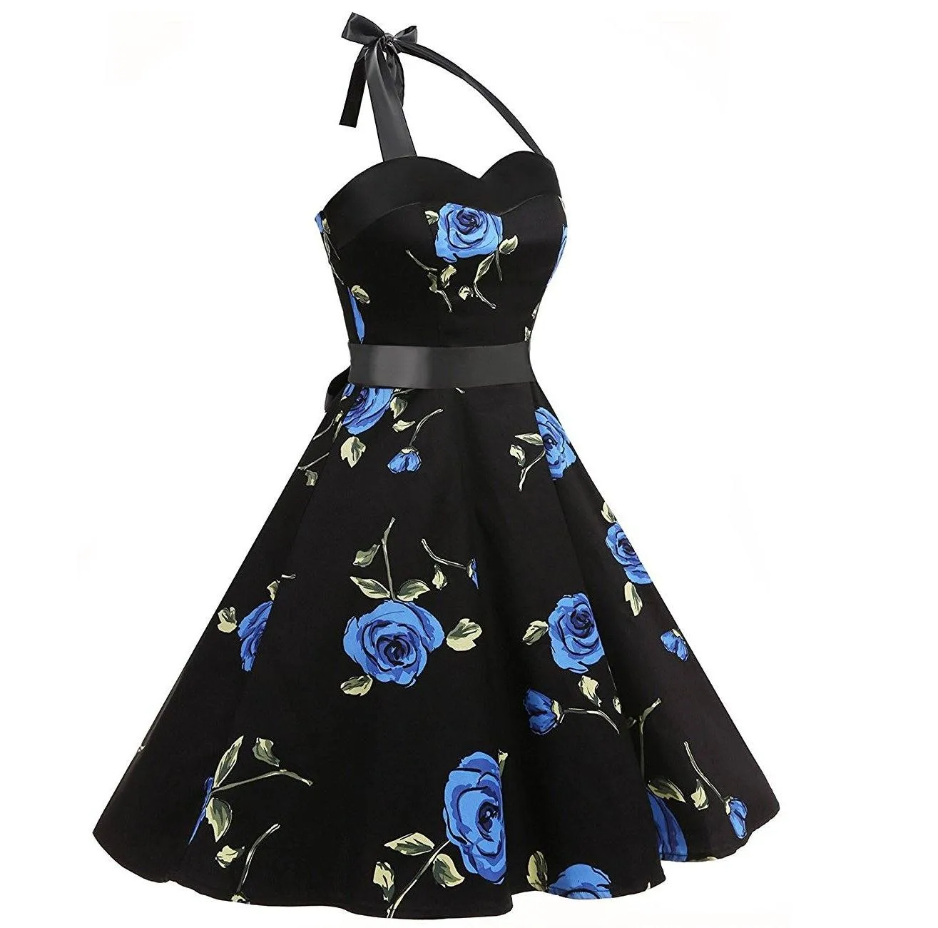 1950s Fashion Vintage Dresses Halter Neck Floral Print A-Line Black Swing Dress