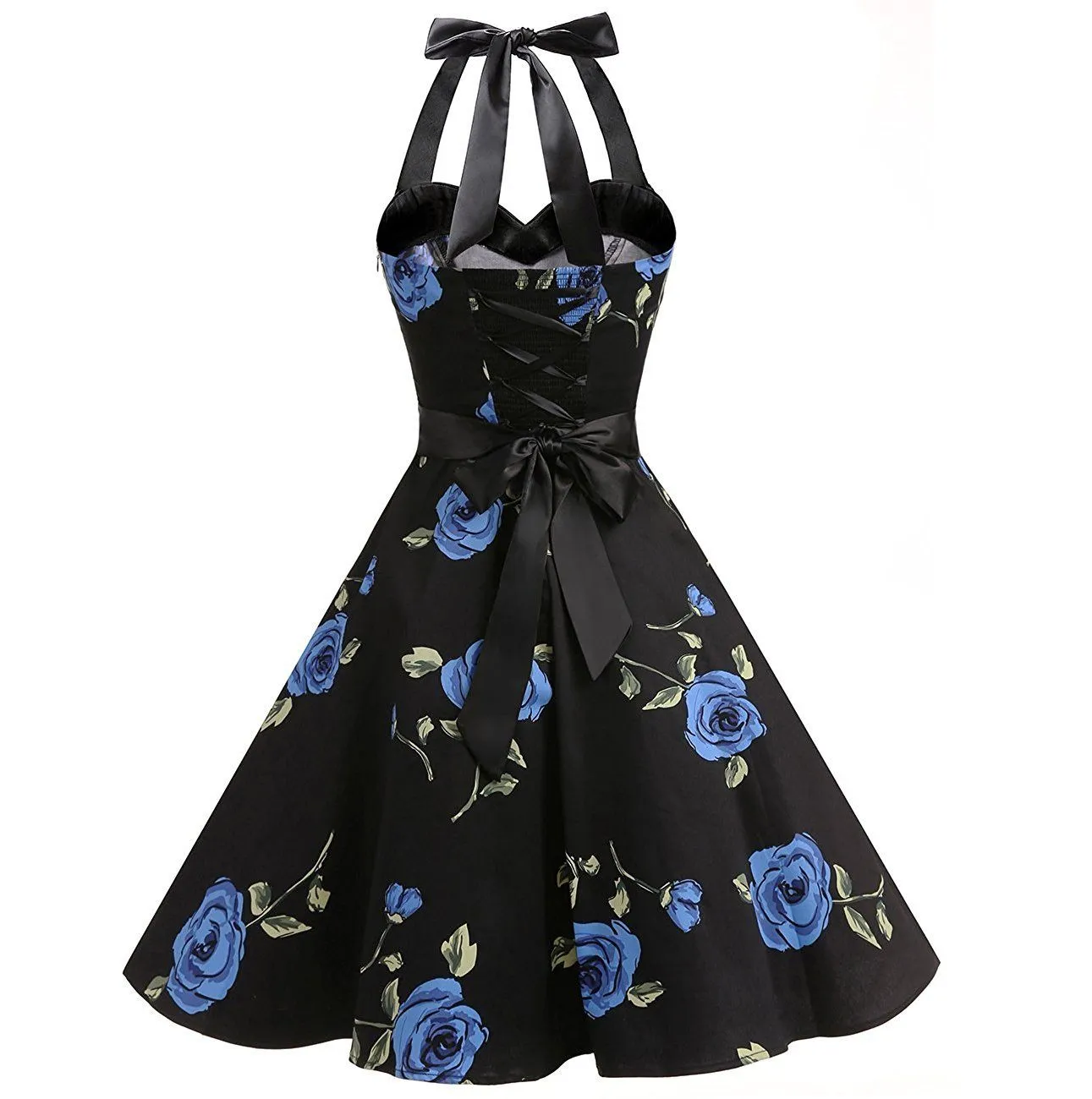 1950s Fashion Vintage Dresses Halter Neck Floral Print A-Line Black Swing Dress