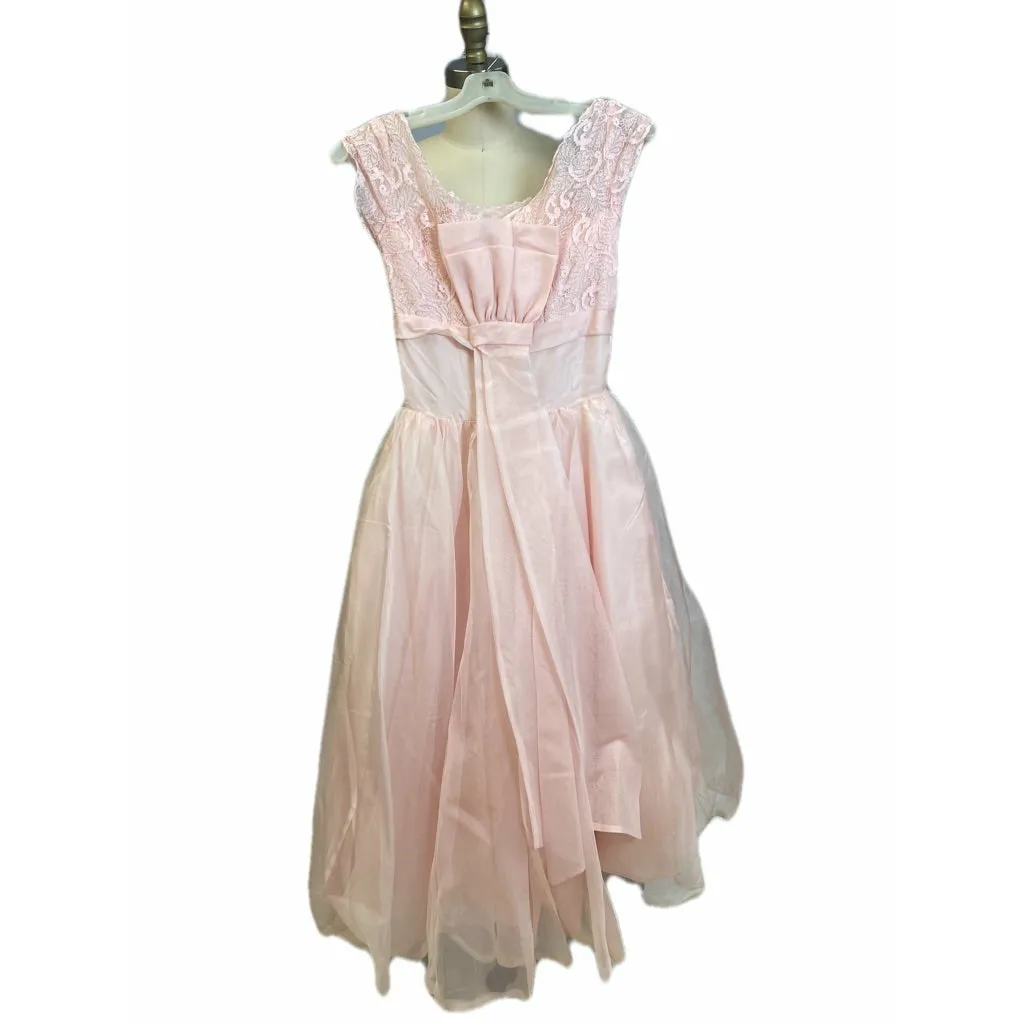 1950's Vintage Pink Dress Prom Party Full Skirt Rockabilly Nylon Sz XS