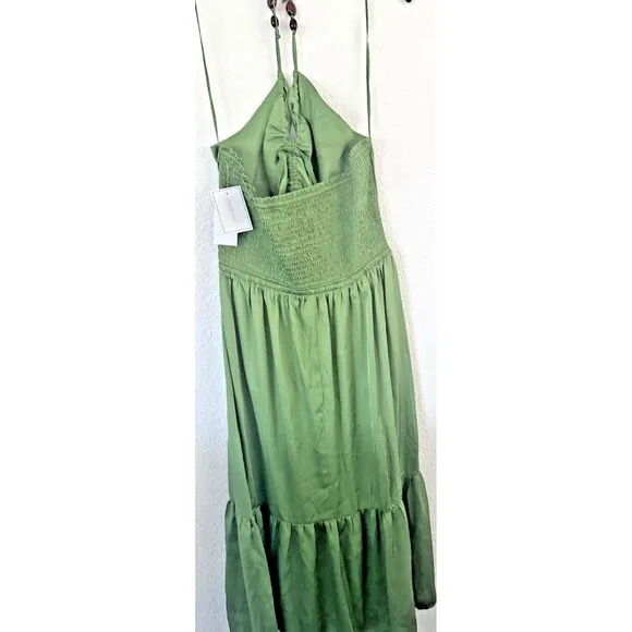 1.STATE Women's Beaded Halter Neck elasticized waist Midi Dress Pockets Green 6