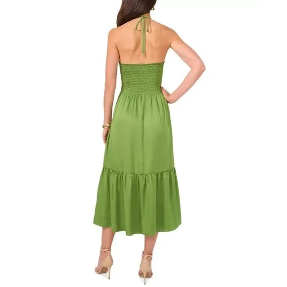 1.STATE Women's Beaded Halter Neck elasticized waist Midi Dress Pockets Green 6