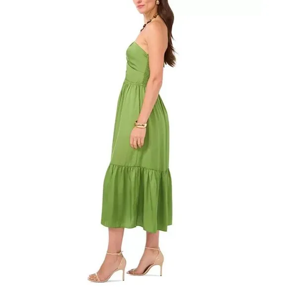 1.STATE Women's Beaded Halter Neck elasticized waist Midi Dress Pockets Green 6