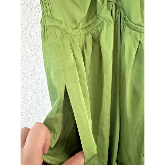 1.STATE Women's Beaded Halter Neck elasticized waist Midi Dress Pockets Green 6