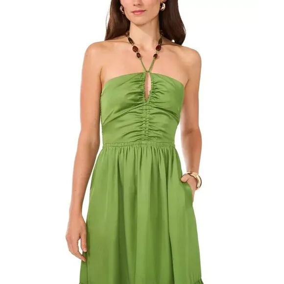 1.STATE Women's Beaded Halter Neck elasticized waist Midi Dress Pockets Green 6