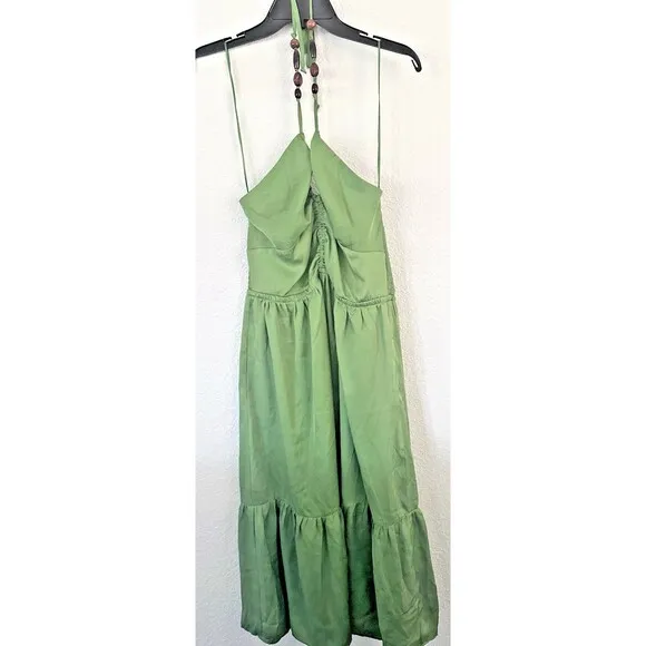 1.STATE Women's Beaded Halter Neck elasticized waist Midi Dress Pockets Green 6