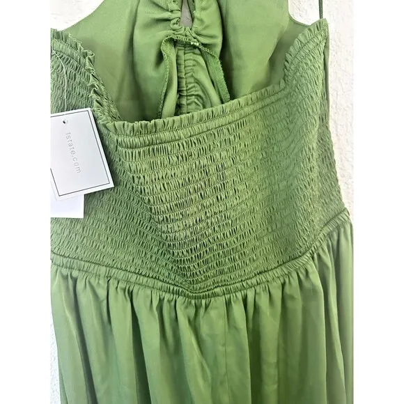 1.STATE Women's Beaded Halter Neck elasticized waist Midi Dress Pockets Green 6