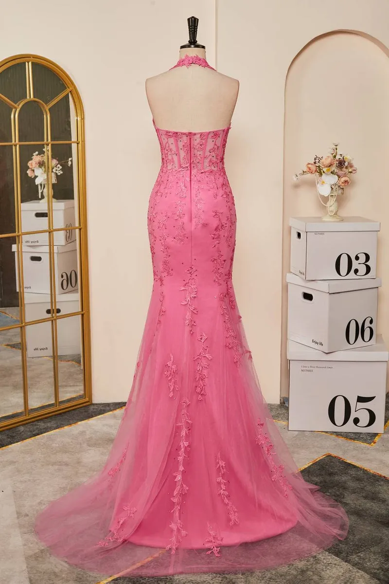 2025 Long Lace Prom Dress Hot Pink Halter Mermaid Formal Dress Appliques