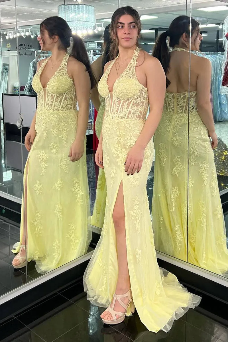 2025 Long Lace Prom Dress Hot Pink Halter Mermaid Formal Dress Appliques