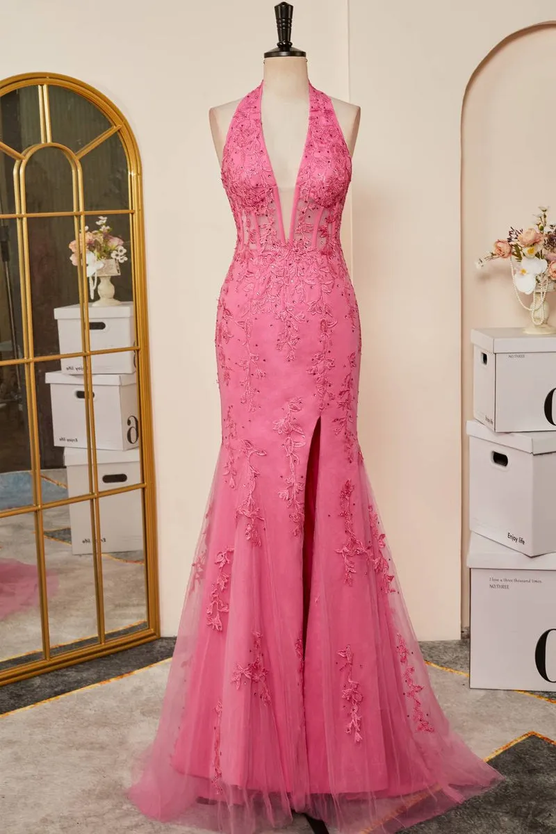 2025 Long Lace Prom Dress Hot Pink Halter Mermaid Formal Dress Appliques