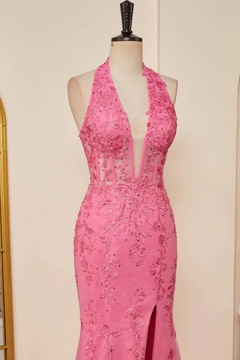2025 Long Lace Prom Dress Hot Pink Halter Mermaid Formal Dress Appliques
