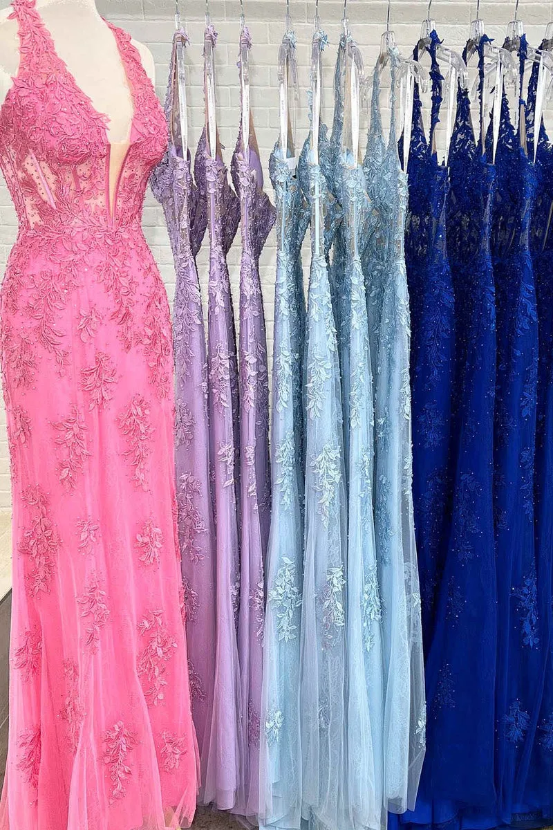2025 Long Lace Prom Dress Hot Pink Halter Mermaid Formal Dress Appliques