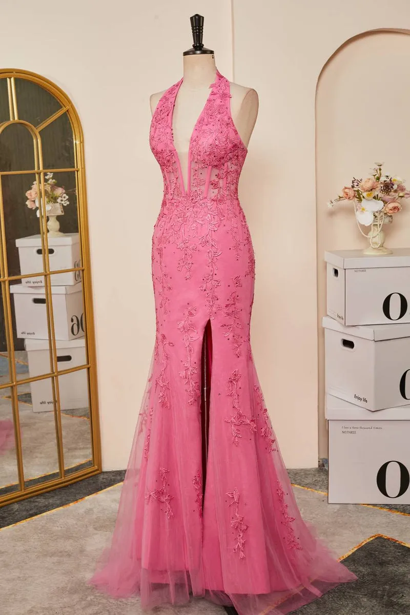 2025 Long Lace Prom Dress Hot Pink Halter Mermaid Formal Dress Appliques