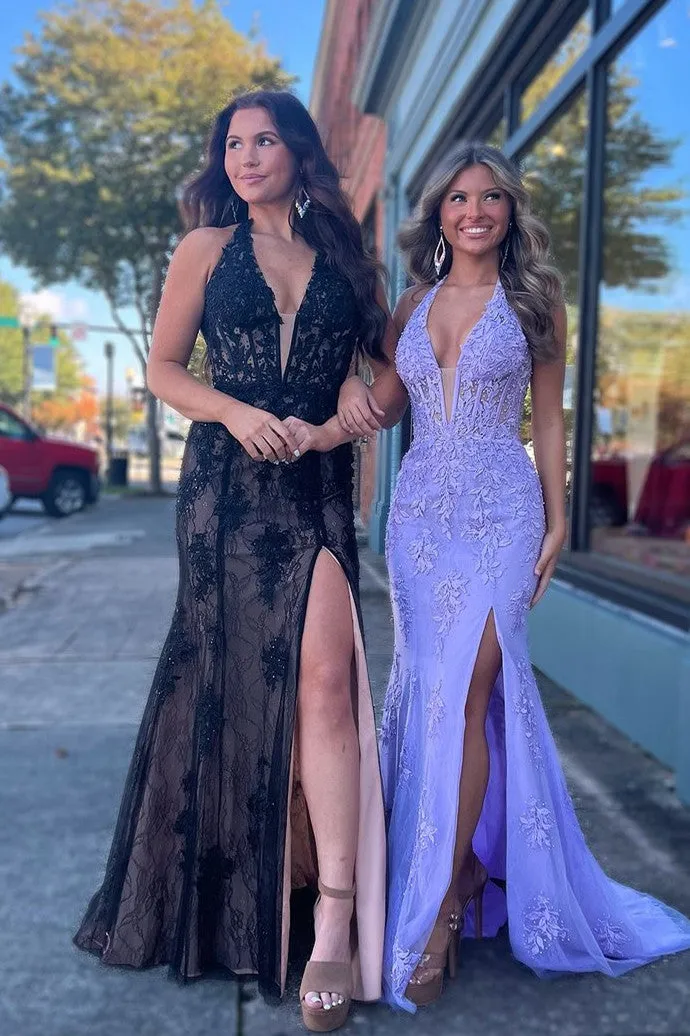 2025 Long Lace Prom Dress Hot Pink Halter Mermaid Formal Dress Appliques
