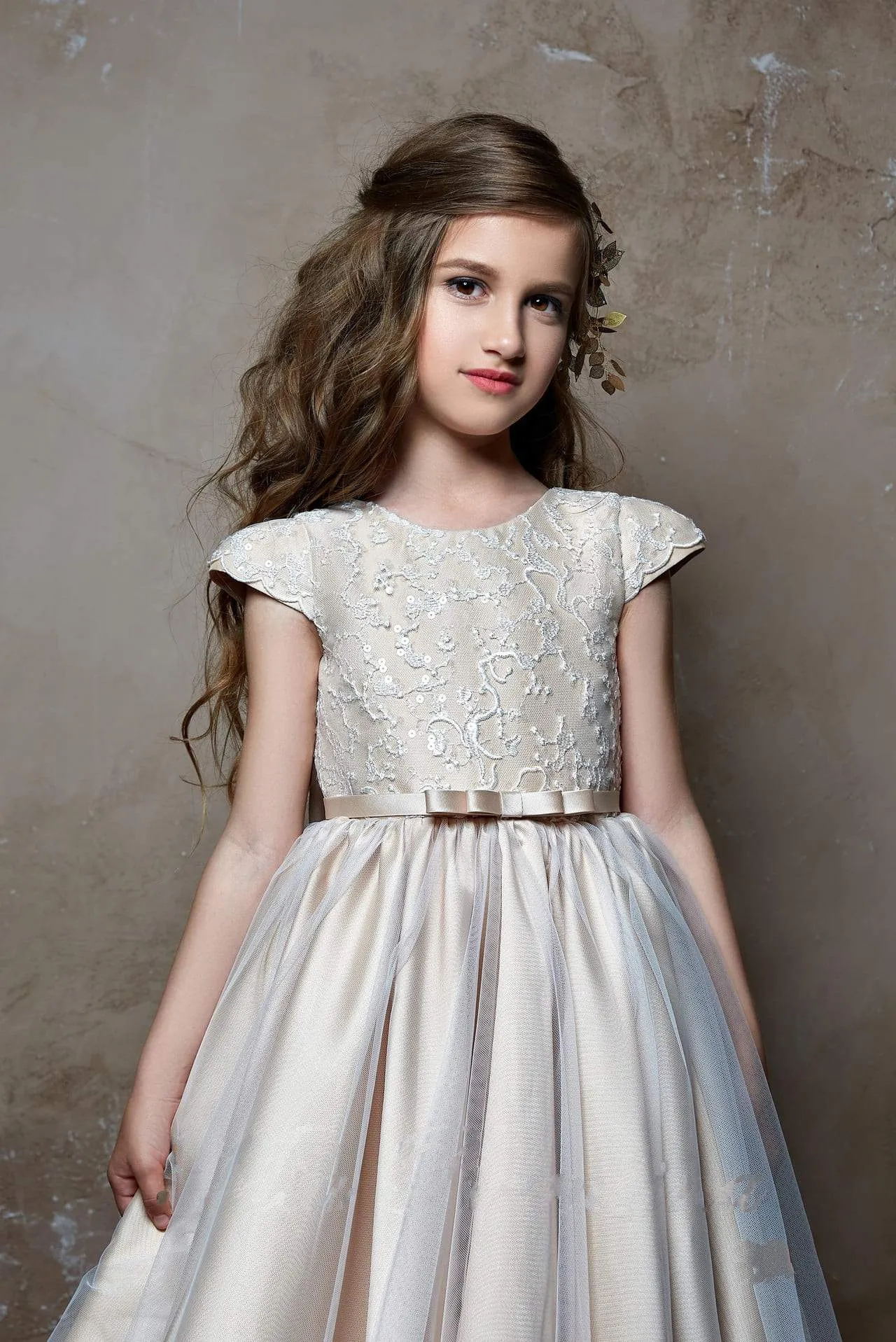 2368 Juliana Cap Sleeve V Back Lace Bodice Tulle over Satin Flower Girl Dress