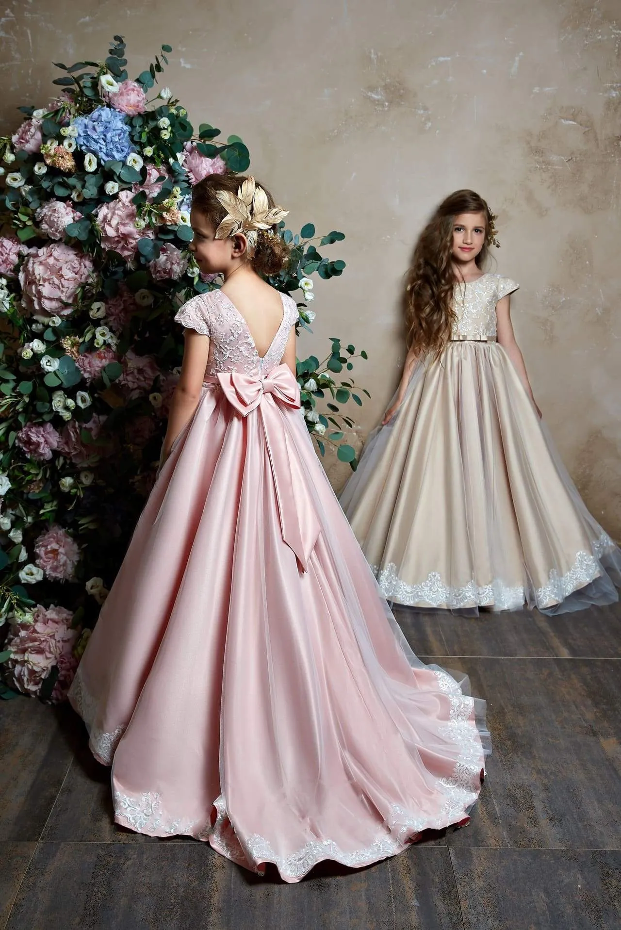 2368 Juliana Cap Sleeve V Back Lace Bodice Tulle over Satin Flower Girl Dress