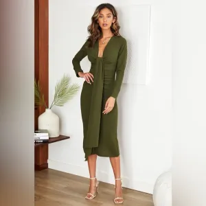 (50820-OLI) WOMEN RUCHED VNECK SASH MOSS CREPE MIDI DRESS