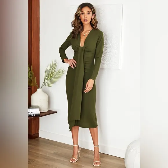 (50820-OLI) WOMEN RUCHED VNECK SASH MOSS CREPE MIDI DRESS