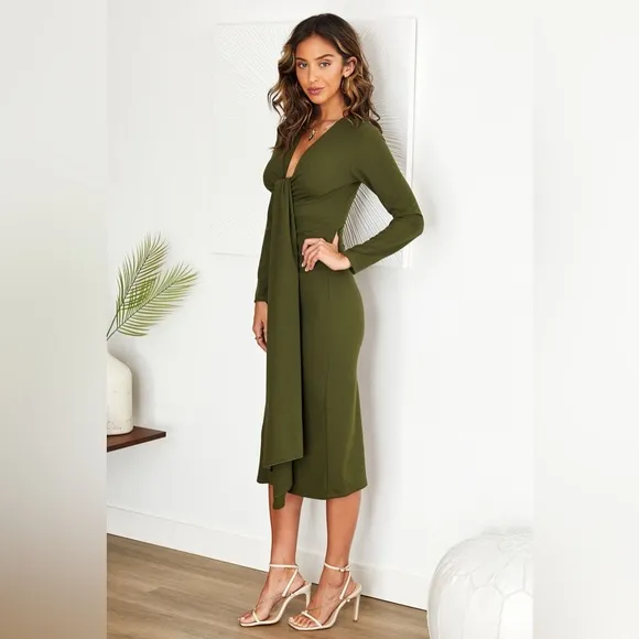 (50820-OLI) WOMEN RUCHED VNECK SASH MOSS CREPE MIDI DRESS