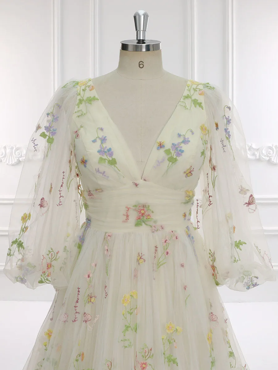 60cm Train Long Puffy Sleeve Embroidered Floral Wedding Dress Photoshoot Dress YEWEN YW231050-1