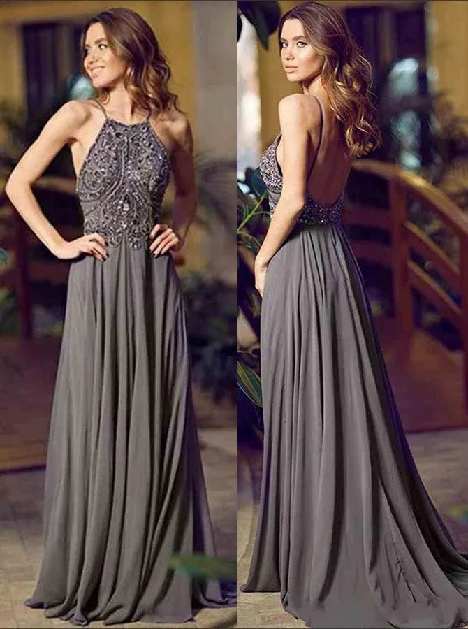A-line Halter Floor-Length Charcoal Grey Bridesmaid Dress Chiffon Sleeveless Beaded Backless Grey Prom Evening Gowns