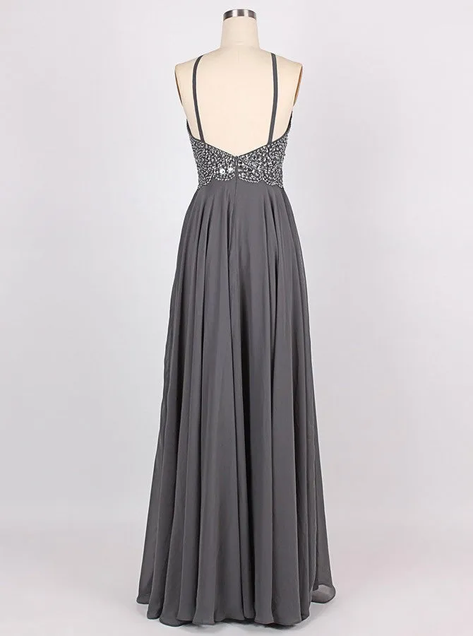 A-line Halter Floor-Length Charcoal Grey Bridesmaid Dress Chiffon Sleeveless Beaded Backless Grey Prom Evening Gowns