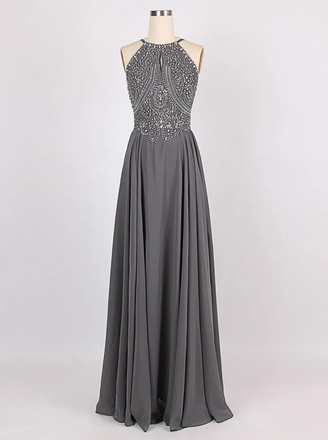 A-line Halter Floor-Length Charcoal Grey Bridesmaid Dress Chiffon Sleeveless Beaded Backless Grey Prom Evening Gowns