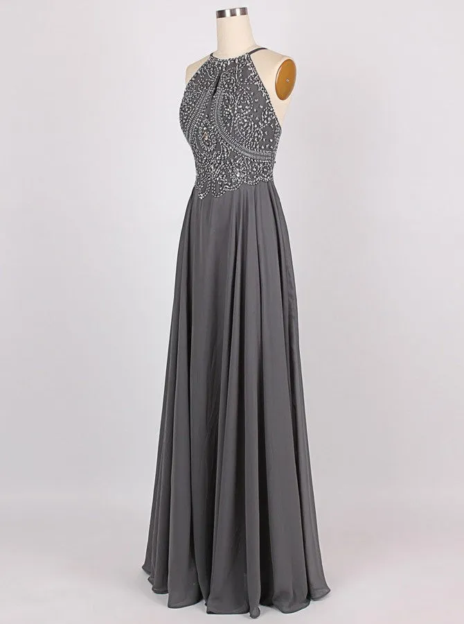 A-line Halter Floor-Length Charcoal Grey Bridesmaid Dress Chiffon Sleeveless Beaded Backless Grey Prom Evening Gowns