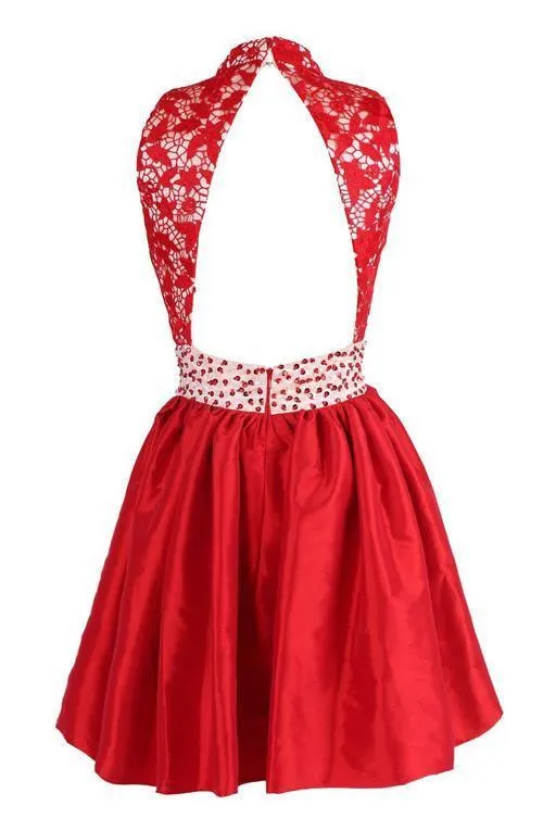 A-line High Neck Knee Length Satin Homecoming Dress With Lace  TR0153