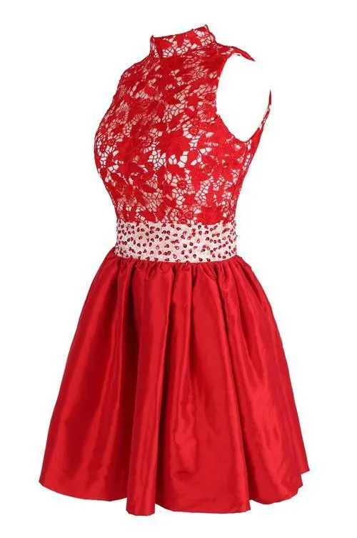 A-line High Neck Knee Length Satin Homecoming Dress With Lace  TR0153