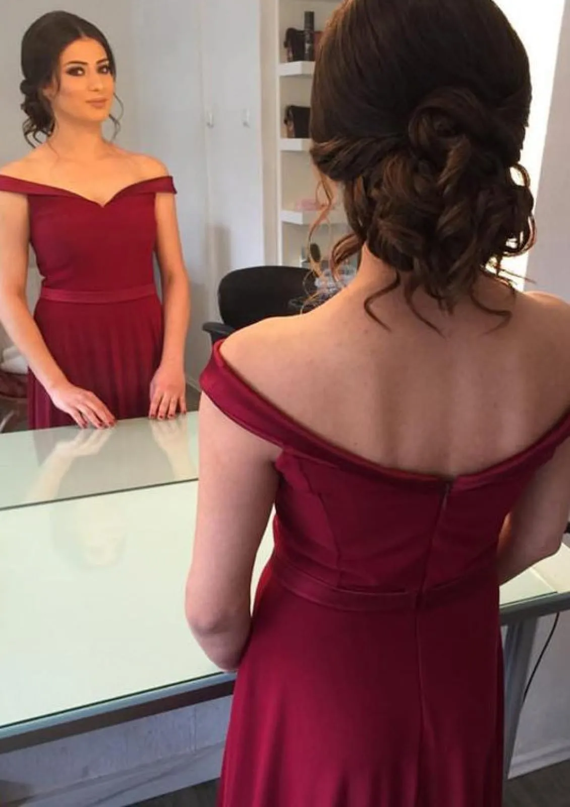 A-line Off Shoulder Boned Bodice Burgundy Charmeuse Evening Gown