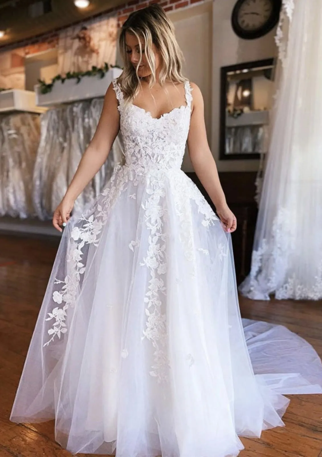 A-line Off Shoulder Court Train White Lace Tulle Wedding Dress
