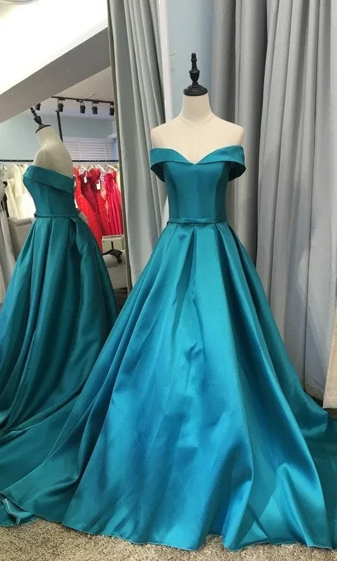 A line Off Shoulder Sleeves Hunter Prom Dress