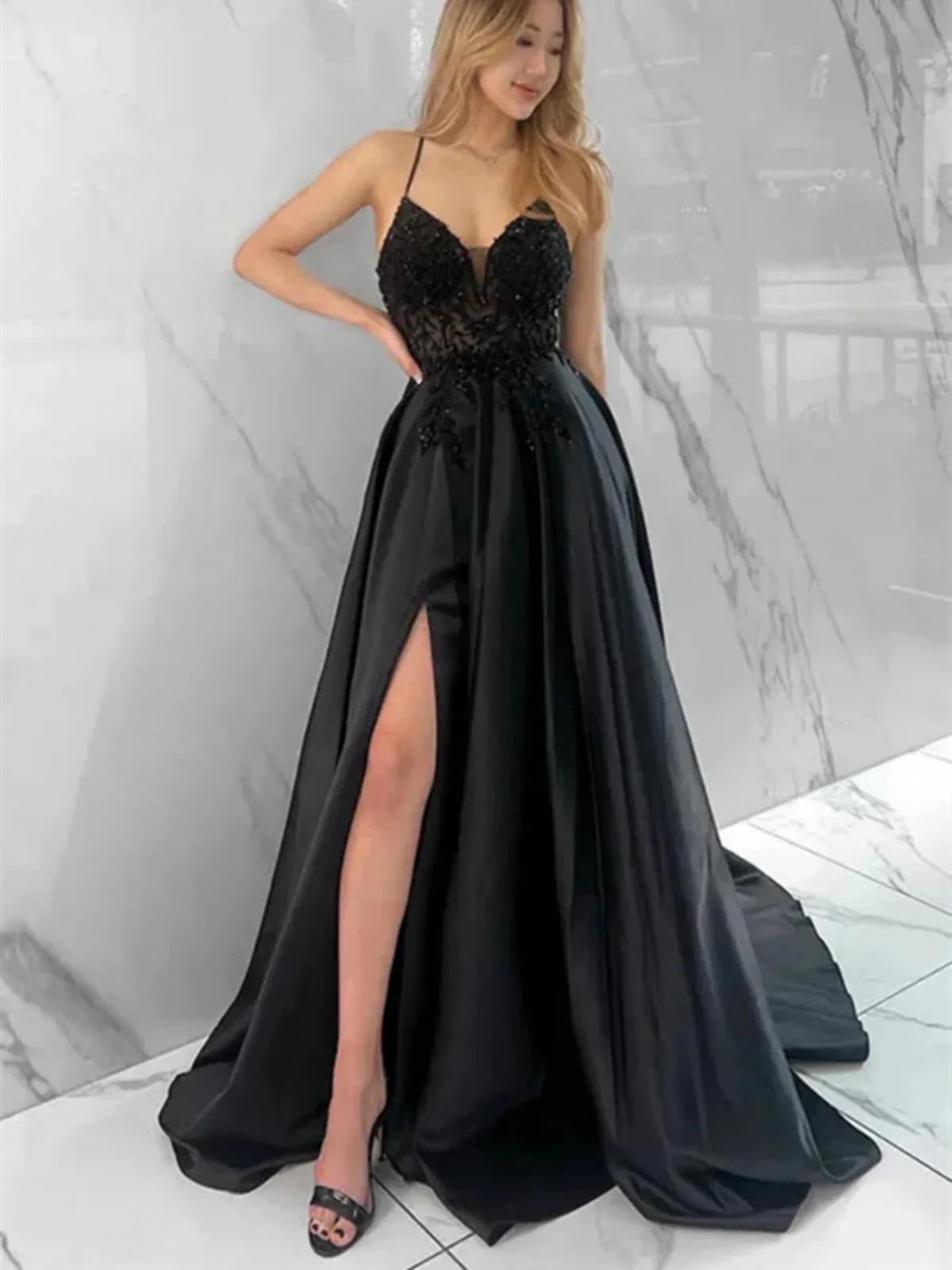 A Line Open Back Beaded Black Long Prom Dresses With High Slit,  Long Black Formal Graduation Evening Dresses