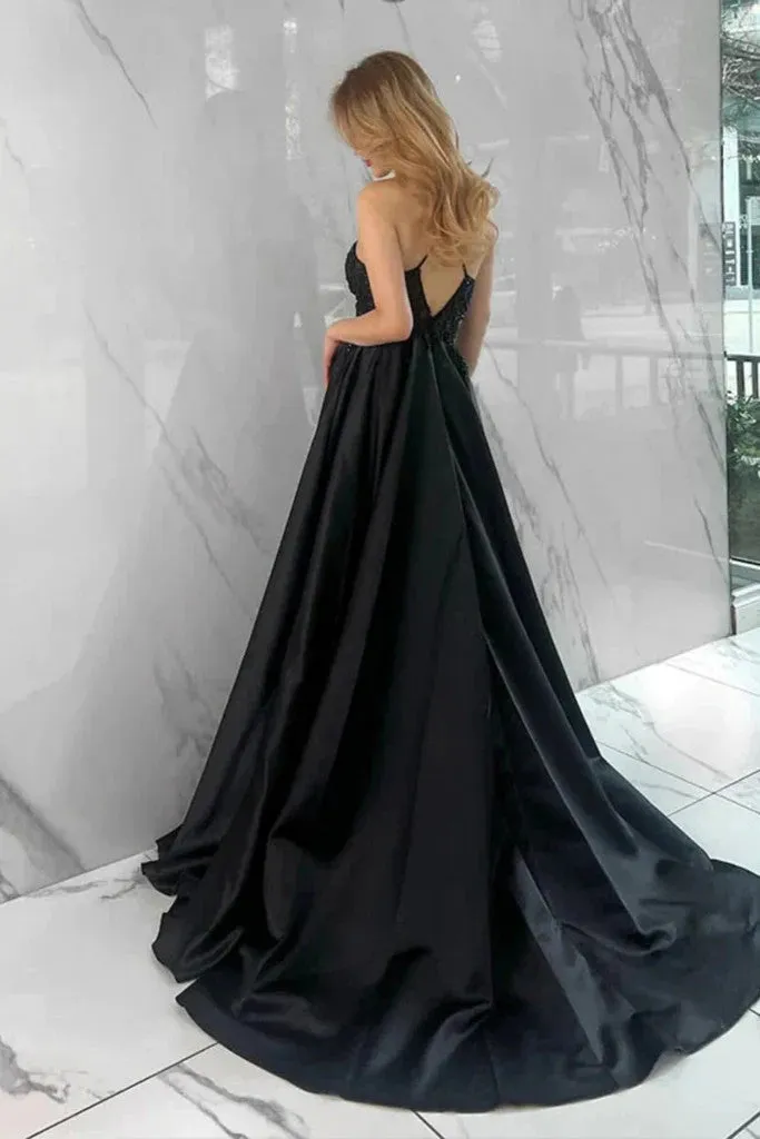 A Line Open Back Beaded Black Long Prom Dresses With High Slit,  Long Black Formal Graduation Evening Dresses