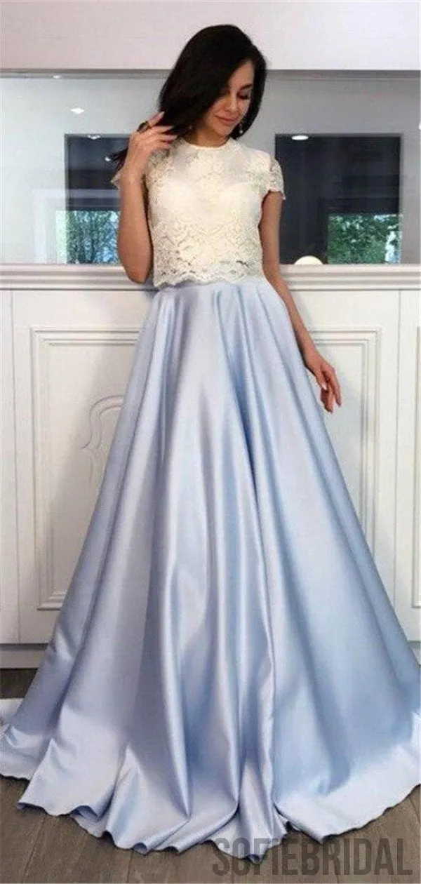 A-line Two-pieces Lace Top Short Sleeves Long Prom Dresses, PD0083