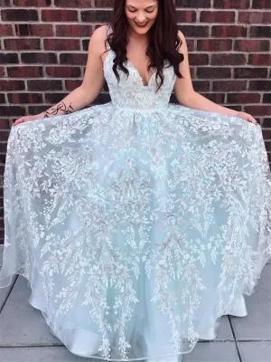 A Line V Neck Backless Blue Lace Floral Long Prom Dresses,  Open Back Blue Lace Floral Long Formal Evening Dresses