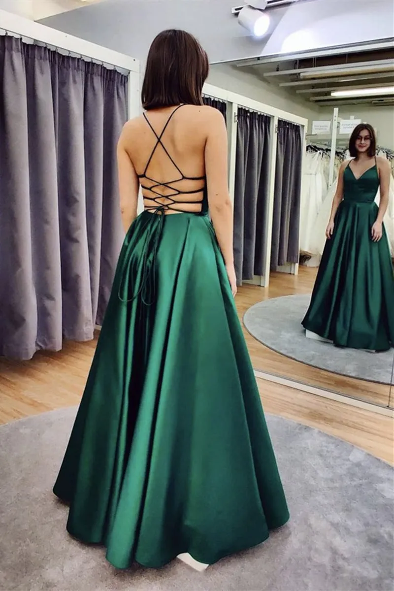 A Line V Neck Floor Length Backless Emerald Green Satin Long Prom Dress, Backless Emerald Green Formal Graduation Evening Dress