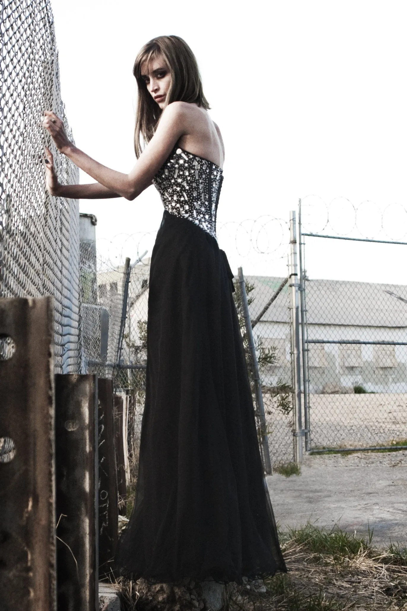 A-line V-neck Floor Length Tulle Rhinestone Corset Prom Dress