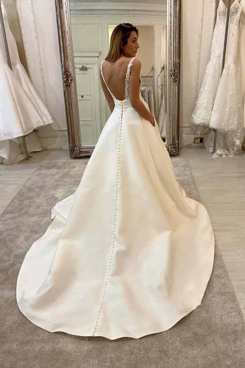 A-Line V-neck Lace Appliques Satin Wedding Dress Bridal Gowns