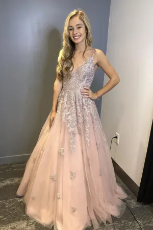 A Line V Neck Pink Lace Long Prom Dress, Pink Lace Formal Dress, Pink Evening Dress